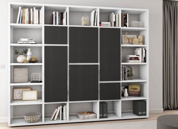 Toro Bücherregal mit Türen weiß Hochglanz / eiche schwarzbraun