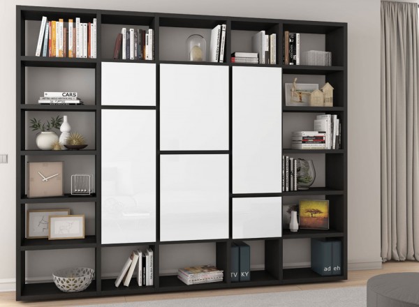 Toro Bücherregal mit Türen eiche schwarzbraun / weiß Hochglanz