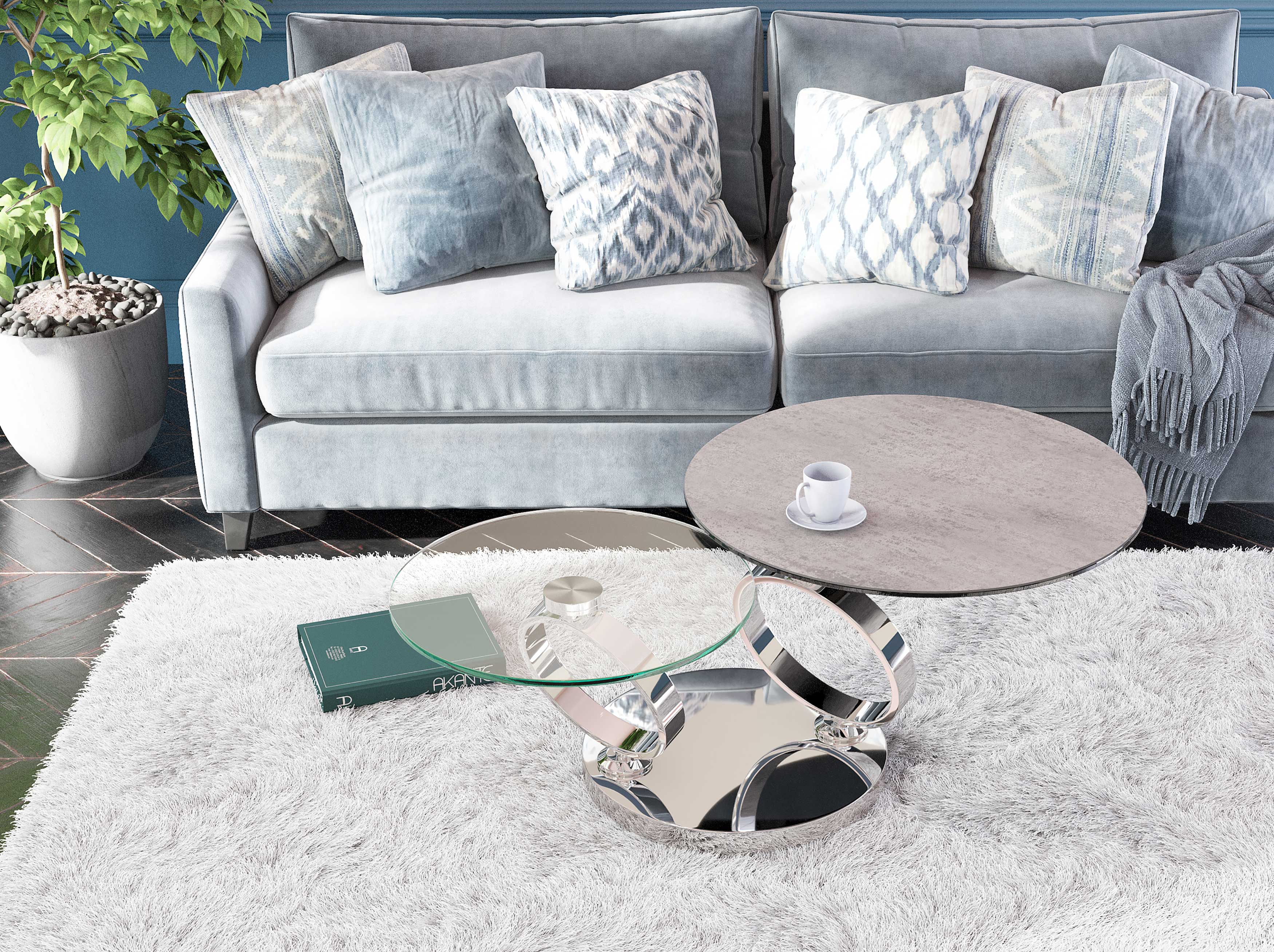 Akante runder Couchtisch Eolia mit Glas und Keramikplatte drehbar