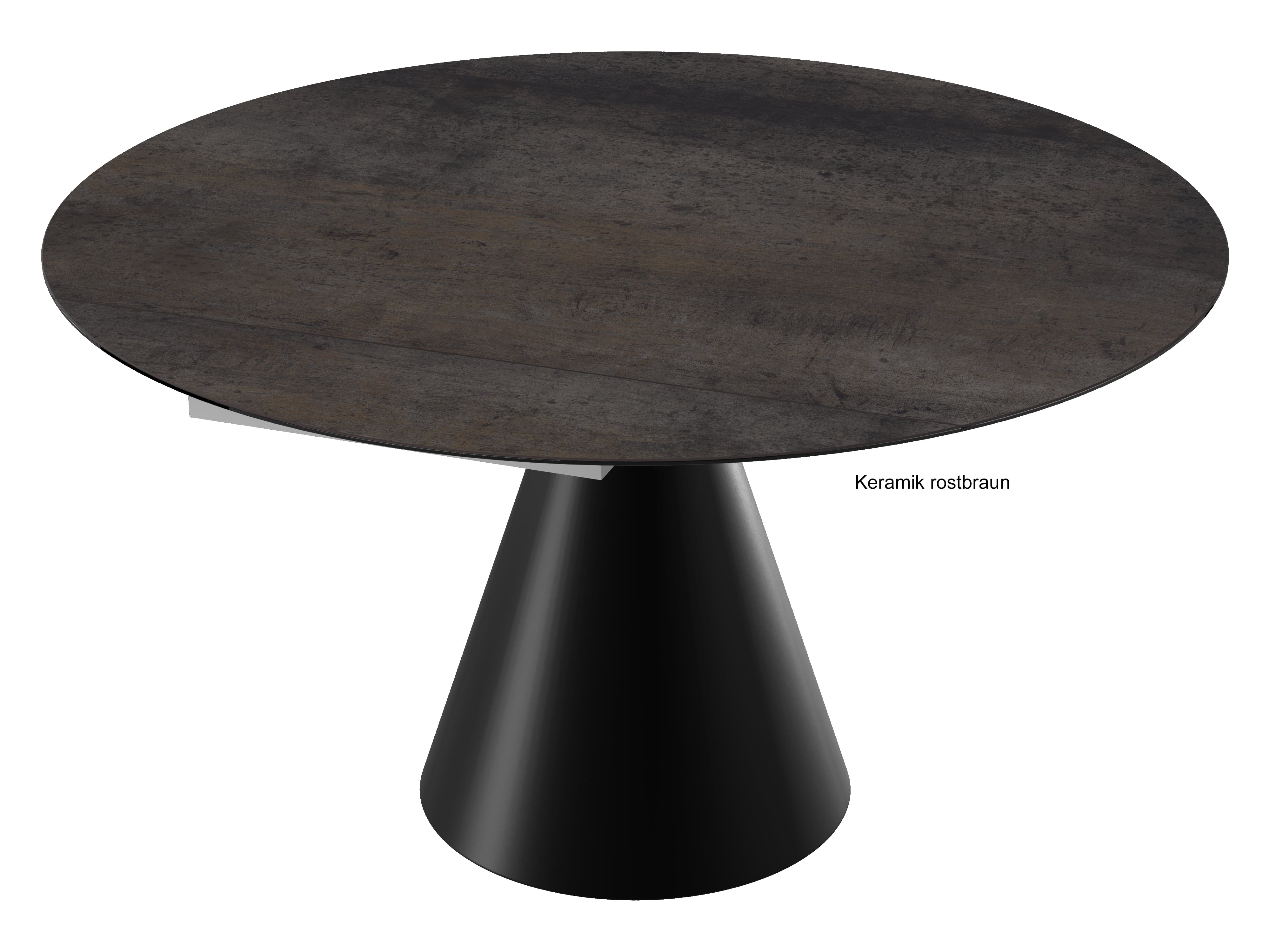 Akante Icone Esstisch rund ausziehbar mit Tischplatte Keramik rostbraun und Tischsäule Metall schwarz