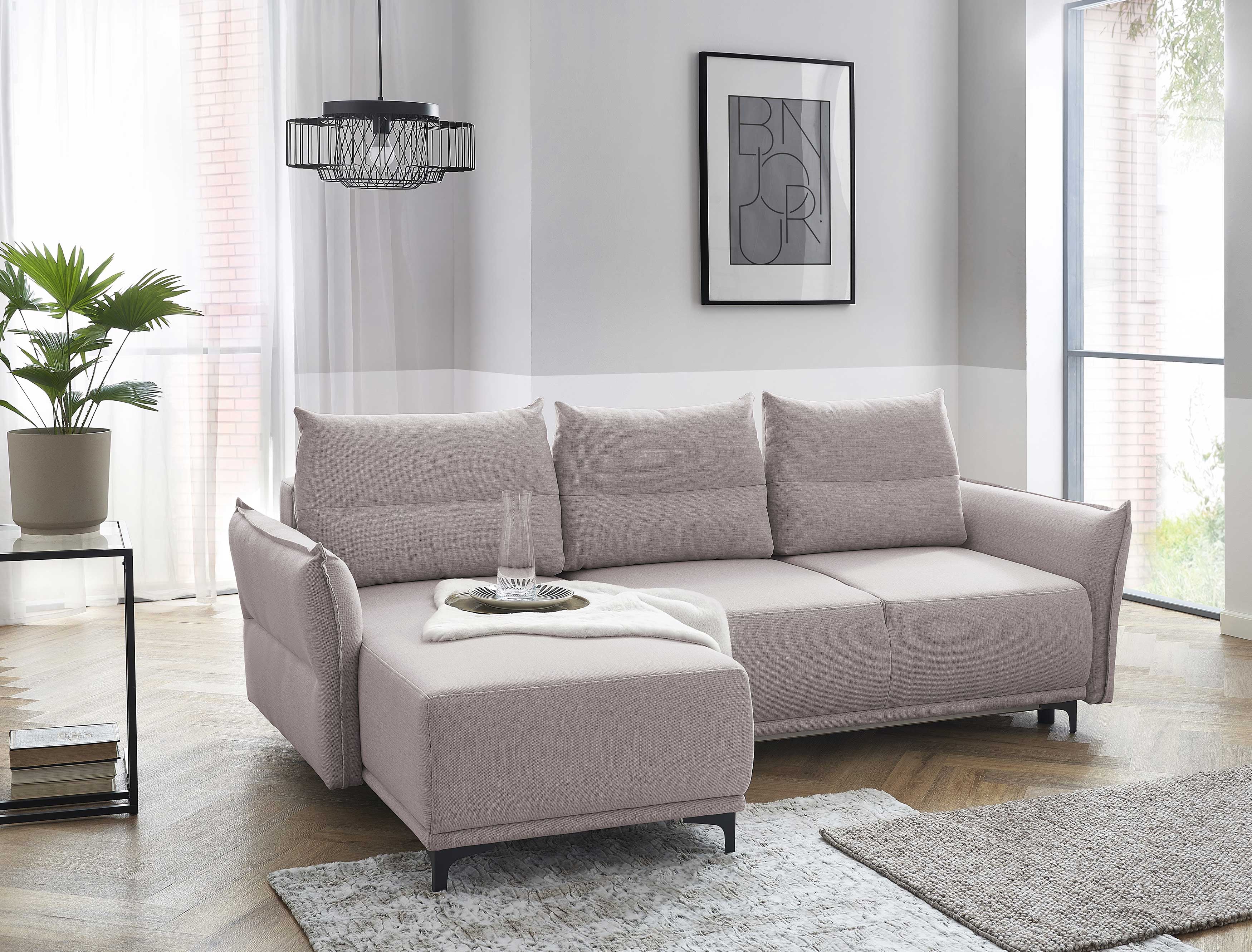 D&N Sorrento Sofa mit Longchair, Schlaffunktion und Bettkasten beige