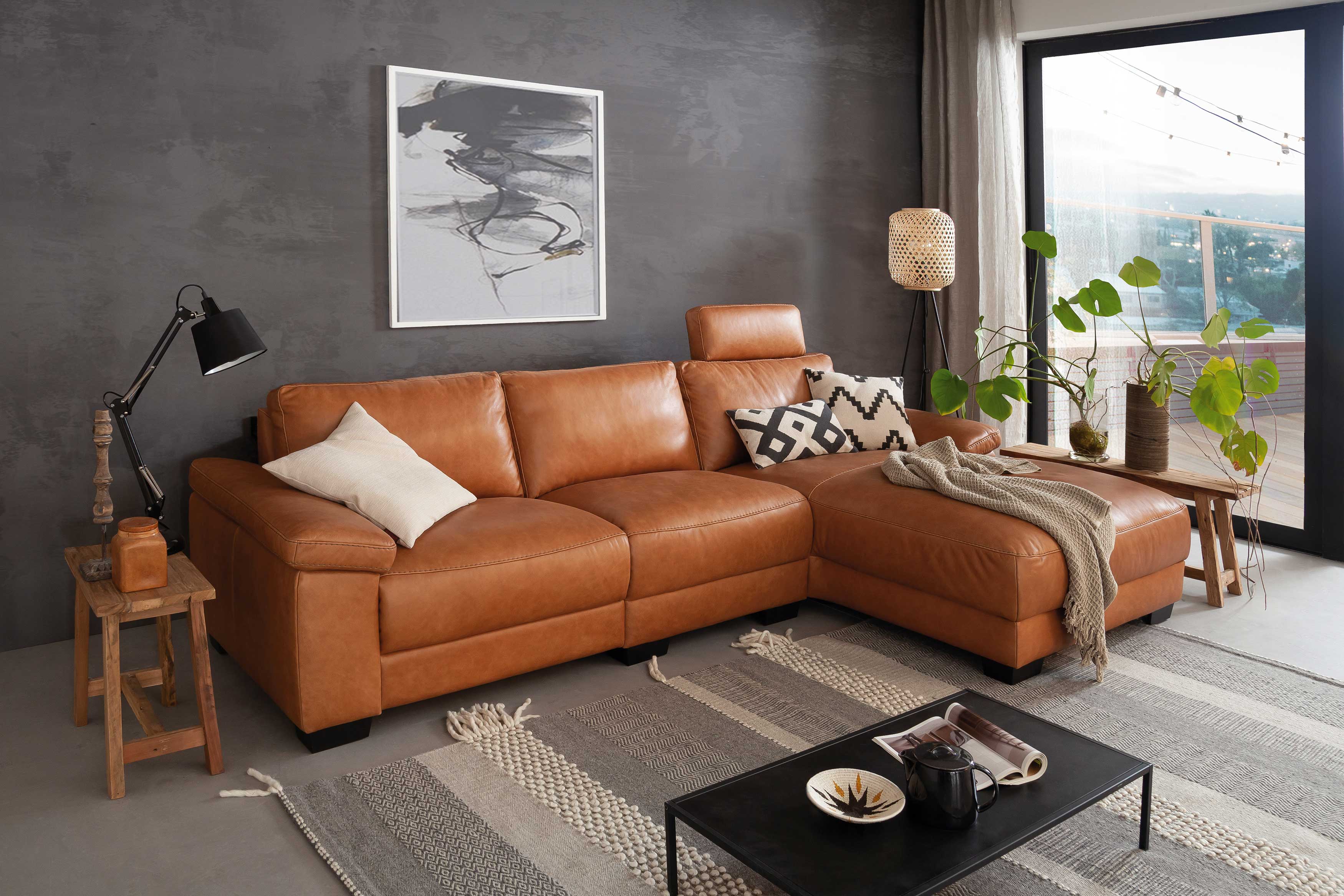 DFM Portland Sofa mit Longchair Leder antik cognac