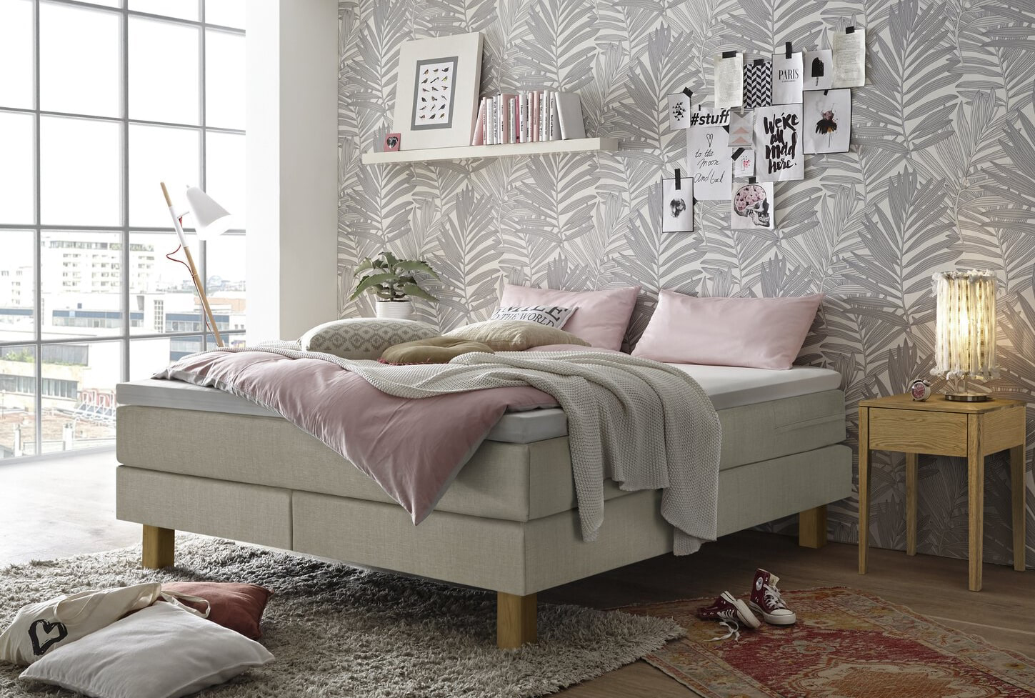 Hasena Isoba Boxspringbett ohne Kopfteil beige Leinenoptik
