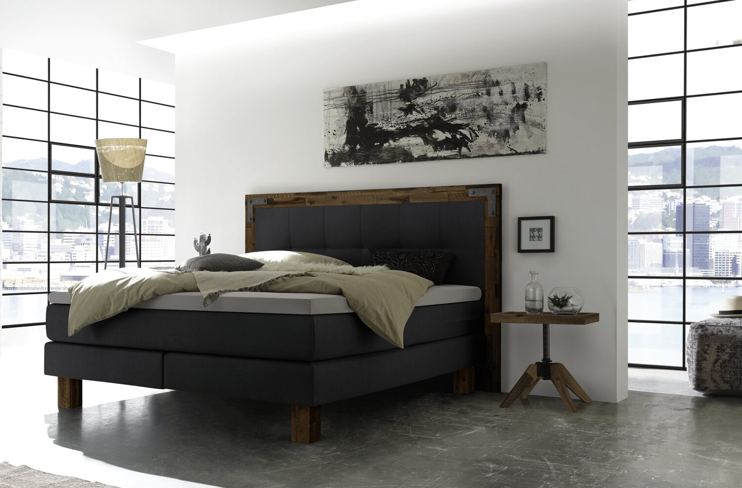 Hasena Memphis Boxspringbett anthrazit mit Holzrahmen Akazie