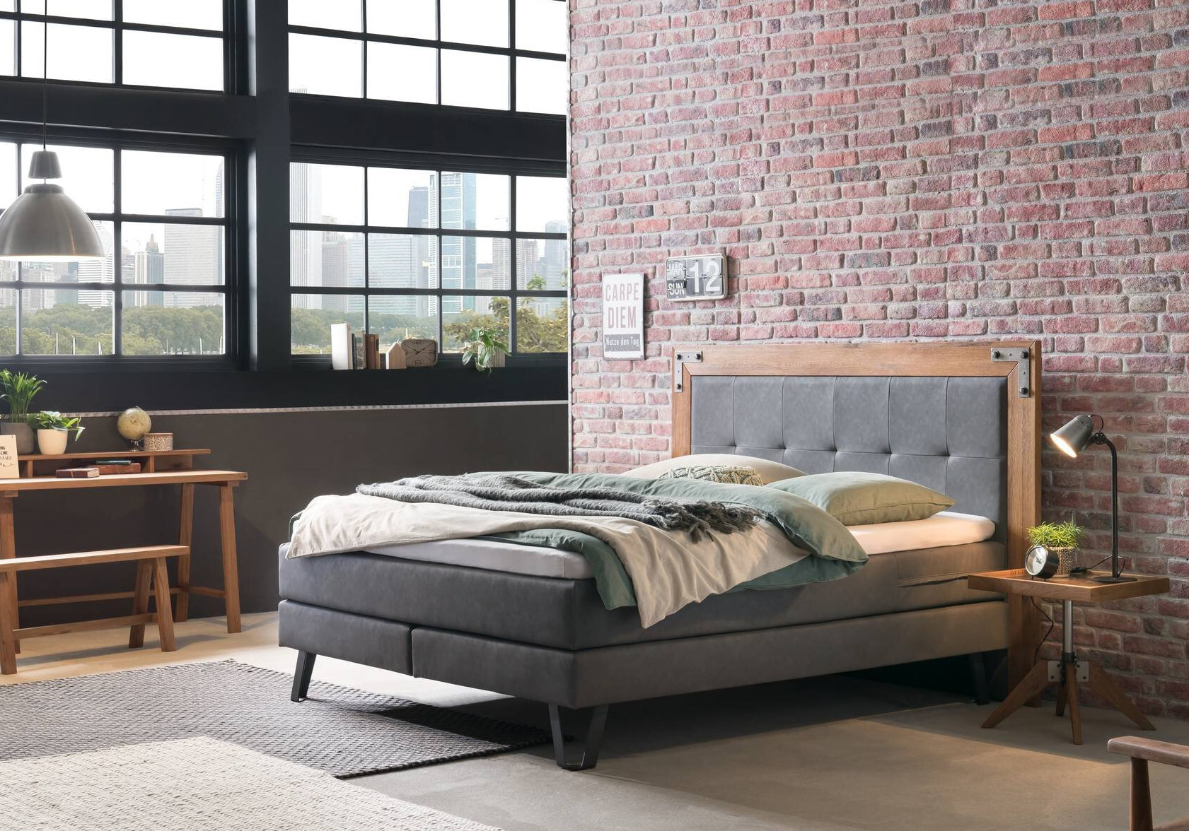 Hasena Oakland Boxspringbett industrial Look grau wildeiche massiv