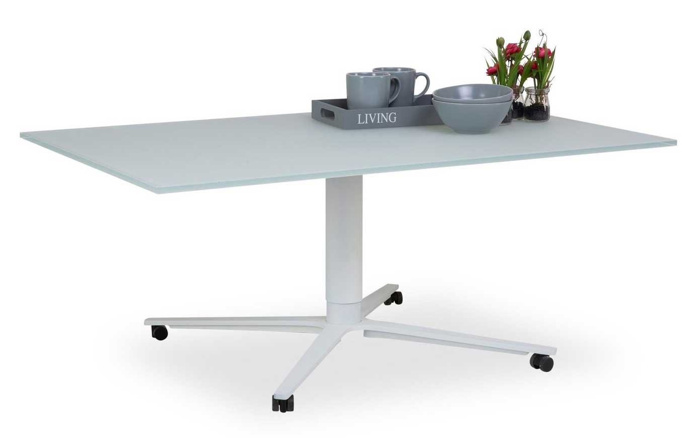 Ronald Schmitt K736 Couchtisch höhenverstellbar mit Rollen und Glasplatte weiß