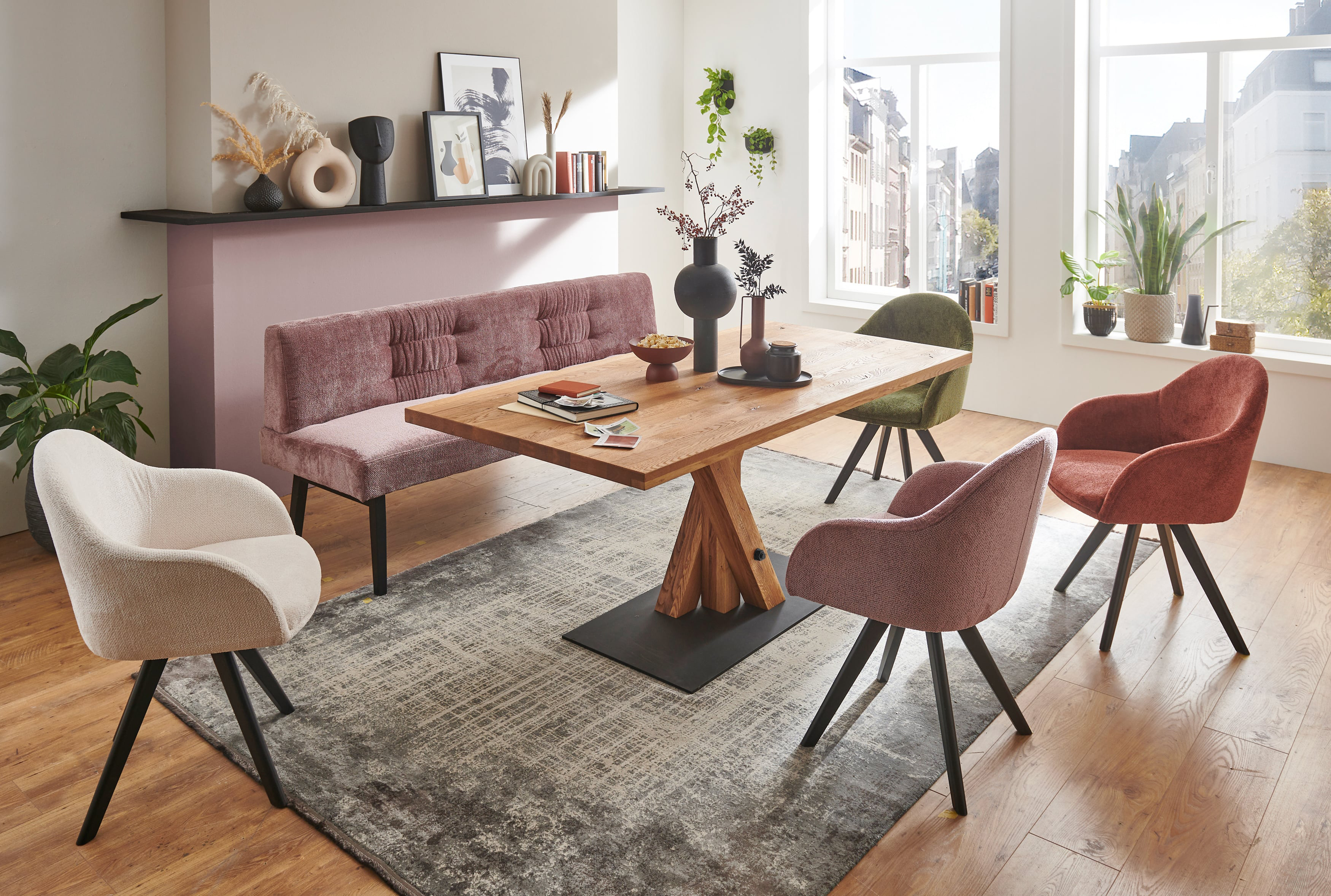 Standard Furniture Tischgruppe mit Esstisch Messina eiche rustikal und Stühlen Gandia